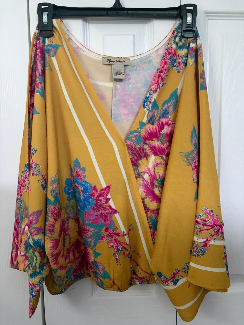 Flying Tomato Mustard Floral Wrap Blouse with Pink & Blue Flowers